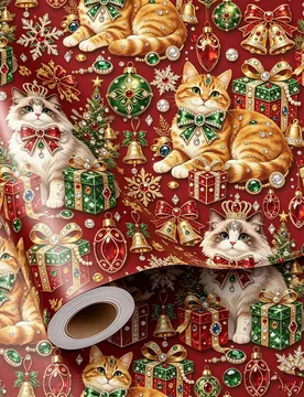 Rollo de Papel de Regalo Rojo Profundo, con Gatos, Árboles de Navidad, Copos de Nieve, Campanas de Navidad, Longitud Total 17*197in(43*500cm), Papel - Shein - FashionsVida