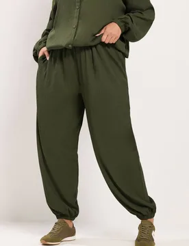 Women's Crinkle Balloon Trousers in Olive Size: 14 - Olive - Size: 14 - Yours - FashionsVida