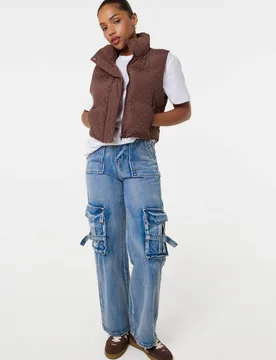 Women's Brown Diamante Puffer Gilet Size: Large - Brown - Size: L - Pink Vanilla - FashionsVida