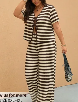 Conjunto de 2 piezas de top y pantalones casuales tradicionales a rayas con cordones, talla grande, para mujer, estilo vacaciones, playa, formal y neg - Shein - FashionsVida