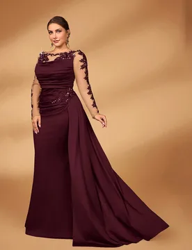 Vestido largo de manga larga elegante y lujoso con talla grande, con bordados, encaje, cuentas, rhinestones y volantes de satén fruncidos en el bajo - Shein - FashionsVida