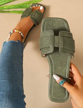 Moda Primavera/Verano, Cómodas Chanclas de Playa con Tacón Plano y Punta Redonda, Sandalias Planas Decorativas Versátiles para el Verano, Esencial - Shein - FashionsVida