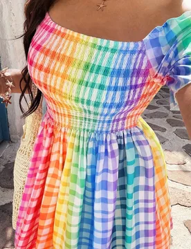 Vestido midi elegante y casual de línea A con mangas cortas y estampado de cuadros degradados para mujeres de talla grande 2XL - Shein - FashionsVida