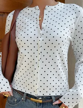 Cárdigan de punto ligero con lunares, manga larga y abotonadura sencilla, estilo francés de otoño M - Shein - FashionsVida