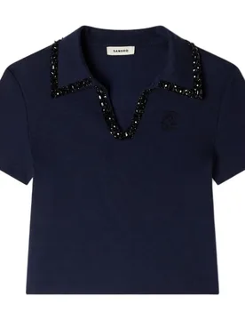 Polo de mujer corto 100% algodón con cuello de pedrería - sandro - FashionsVida