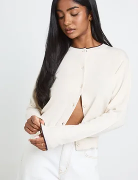 Womens Super Soft Contrast Neck Knitted Cardigan - Beige Viscose - Size Small - Boohoo - FashionsVida