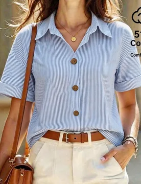 Camisa básica de algodón de manga corta con rayas para mujer, verano S - Shein - FashionsVida