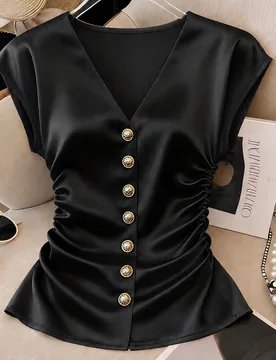 Blusa elegante y romántica de estilo francés con cuello en V de tela de satén, blusa casual elegante para mujer para vacaciones de verano, negro, p - Shein - FashionsVida