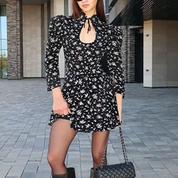 Women's Floral Short Dress with Subtle Design, Stand Collar, Tie, Three-quarter Sleeves, High WaistALine skirt