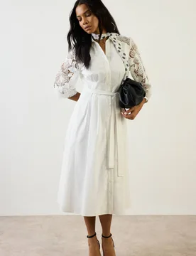 Women's Cotton Lace Belted Shirt Dress in Ivory Size: 14 - Ivory - Size: 14 - Wallis - FashionsVida