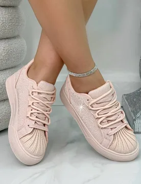 Women's Crystal Embellished Aura Lace-Up Trainers in Pink Size: 7 - Pink - Size: 7 - Love Lemonade - FashionsVida