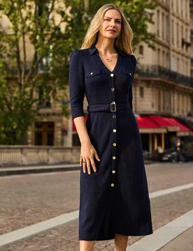 Bouclé Belted Midaxi Fit And Flare Dress Navy female - Sosandar - FashionsVida