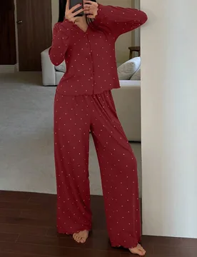 Set de pijama de 2 piezas con cárdigan de manga larga y pantalones con estampado de lunares para mujer, otoño M - Shein - FashionsVida