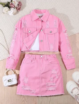 Chaqueta informal corta con efecto desgastado para niña preadolescente con estilo Y2K, falda vaquera de cintura elástica 8Y - Shein - FashionsVida
