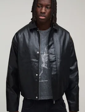 Mens Boxy Fit Panelled Pu Harrington Jacket - Black - Size Medium - boohooMAN - FashionsVida