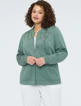 Sudadera de mujer bomber con aplicaciones luminosas embellecidas con aplicaciones decorativas en el delantero y en la manga - Fiorella Rubino - FashionsVida