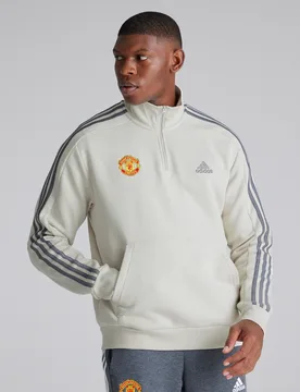 Manchester United x Mens Essentials Fleece 3-Stripes 1/4 Zip Sweatshirt Off White L - Adidas - FashionsVida