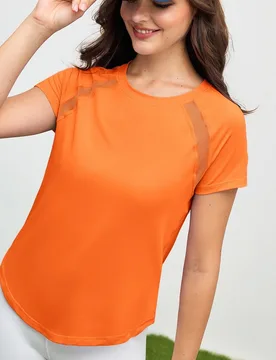 Camiseta de manga corta naranja de cuello redondo y manga raglán para mujer, informal, para hacer ejercicio y gimnasio S - Shein - FashionsVida