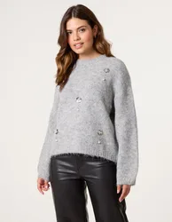 Flower Embellished Jumper - S/M / GREY - female