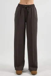 Womens Elastic Waist Straight Leg Pants - Mocha
