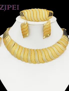 GZJPEI Three Tone Jewelry Set Africal Dubai Women Necklace Wide Bracelet Earrings Ring For Bridal Wedding Jewellery Gifts - Aliexpress - FashionsVida