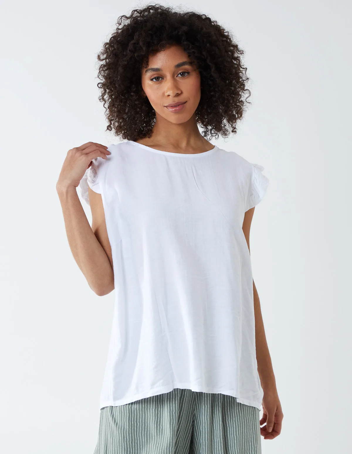 Button Back Frill Shoulder Top - S/M / WHITE - female - Blue Vanilla - FashionsVida