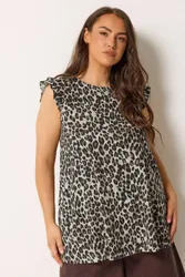 Women's Leopard Frill Sleeve Vest Top in Brown Size: 18 - Brown - Size: 18