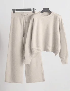 Set de 2 piezas de suéter de manga larga de cuello redondo con hombros caídos y pantalón ancho de punto, unicolor, para otoño/invierno XS - Shein - FashionsVida