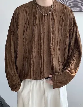 Japanese Style Long Sleeved T-shirt Spring Autumn Men's Textured Round Neck Pullover Sweatshirts Youth Foam Pleated Loose Top - Aliexpress - FashionsVida