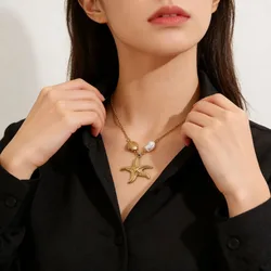 Coranda Women's Stainless Steel 18K Gold Plated Starfish Shell Pendant Necklace Ocean Style Jewelry Gift