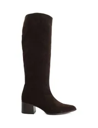 Leather Block Heel Pointed Knee High Boots Brown female