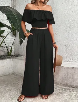 De hombros descubiertos ribete con fruncido Top crop & Pantalones de pierna ancha L - Shein - FashionsVida