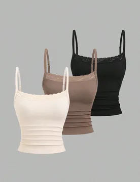 Camiseta corta ajustada con encaje blanco/rosa/negro, estilo casual, elegante y versátil para uso diario, citas, oficina, escuela, festivales de mús - Shein - FashionsVida