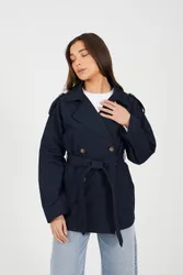 Women's Double Breasted Short Mac Jacket with Self Tie Belt in Navy Size: 14 - Navy - Size: 14