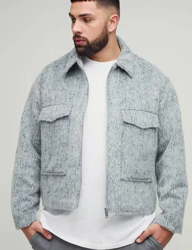 Herren Plus Wollmischung Smart Zip-Up Regular Fit Cargo Jacke Grey Größe 4XL - boohooMAN - FashionsVida