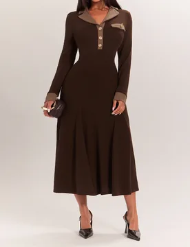Vestido de fiesta y oficina para mujer con bloques de color, elegante, cintura ceñida, largo medio, marrón oscuro, otoño, Día del Maestro XS - Shein - FashionsVida