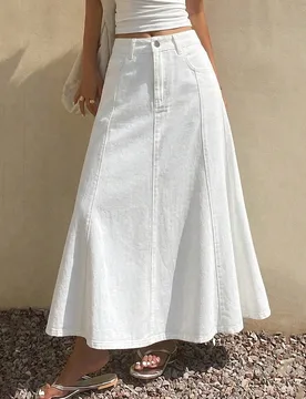 Falda vaquera larga tipo paraguas de cintura media regular con patchwork y bordes crudos oscuros para mujer, verano L - Shein - FashionsVida