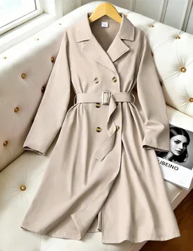 Pieza Abrigo largo de niña de moda, nuevo, color caqui, tejido, doble botonadura, con cinturón en la cintura, ropa de otoño, adecuado para primaver - Shein - FashionsVida