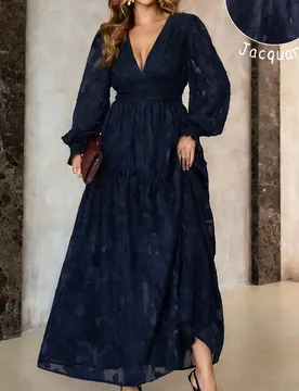 Vestido Maxi Elegante Formal de Jacquard Francés con Cuello en V y Fruncido para Mujer Talla Grande, Manga Larga, Fiesta, Noche, Boda, Novia, Cóctel - Shein - FashionsVida