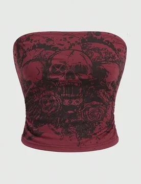 Top bandeau con estampado de calavera para mujer, casual, de algodón burdeos con estampado floral, para uso diario casual en primavera/verano XS - Shein - FashionsVida