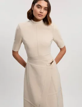 Women's Petite Figure Form Bandage Asymmetric Knit Midi Dress in Stone Size: 12 - Stone - Size: 12 - Karen millen - FashionsVida