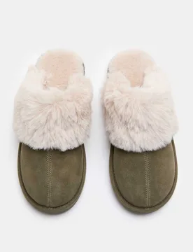 Suede Faux Fur Trim Mule Slippers Olive female - M&S - FashionsVida