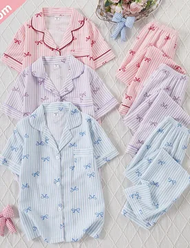 Conjunto Aleatorio) Cárdigan de manga corta con lazo dulce y lindo & estampado de rayas para niñas con pantalones largos, casual y cómodo - Shein - FashionsVida