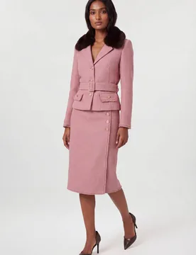 Women's Petite Texture Tweed Button Midi Pencil Skirt in Dusty Pink Size: 8 - Dusty Pink - Size: 8 - Karen millen - FashionsVida