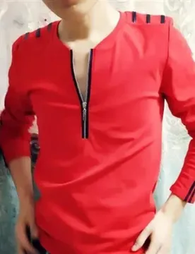 Men's Red Long Sleeve V Neck Zipper Front Casual T-Shirt With Shoulder And Sleeve Stripes For Daily Wear - Aliexpress - FashionsVida