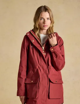Waterproof Hooded Longline Raincoat Burgundy female - Joules - FashionsVida