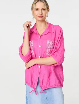 Womens Pink Sequin Detail 3/4 Turn-Up Sleeve Shirt - Size 16 Uk - Izabel London - FashionsVida