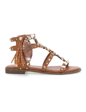 Sandali cuoio con borchie e lacci animalier 1660 38 - ME & ME - FashionsVida