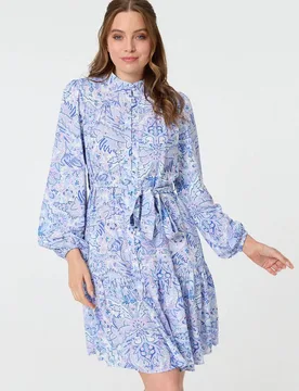 Women's Printed High Neck Short Shirt Dress in Blue Size: 16 - Blue - Size: 16 - Izabel London - FashionsVida