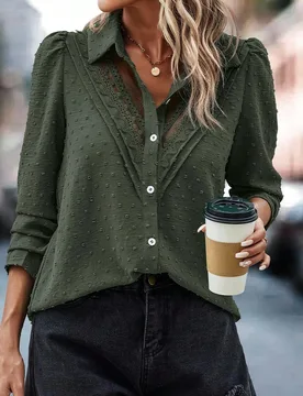 Blusa de manga abullonada con inserto de encaje guipur de lunares, blusas de manga larga S - Shein - FashionsVida